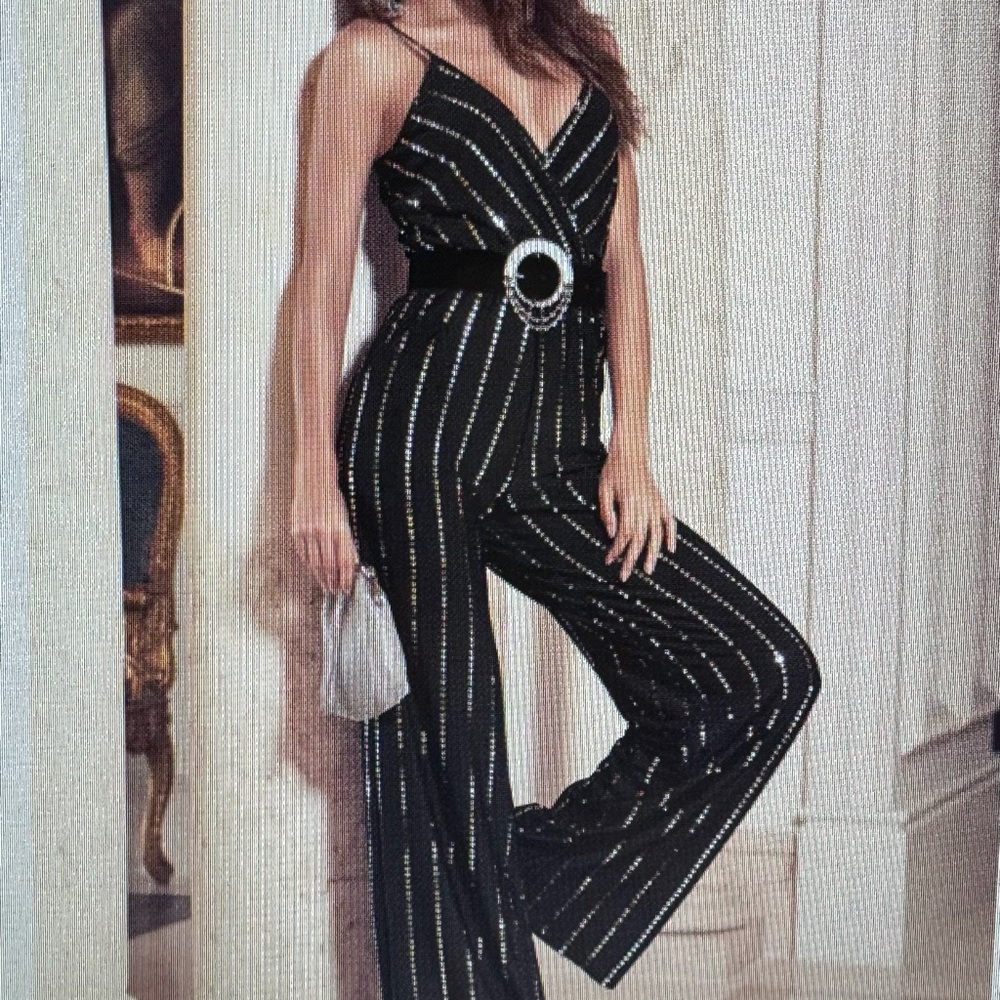 VENUS Black and Silver Pinstripe Jumpsuit Perfect for the Holidays
